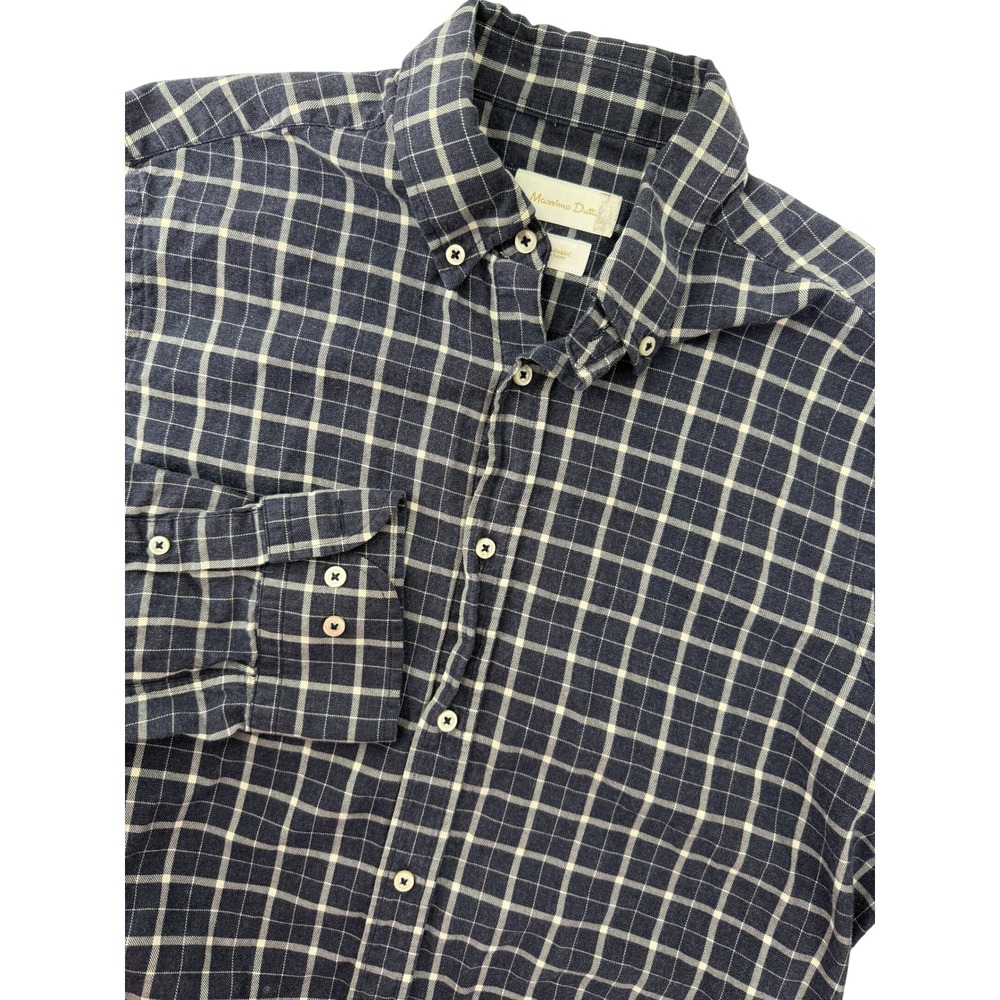 Massimo Dutti Mens Large Navy Blue Grid Check Italian Fabric Button Down Shirt